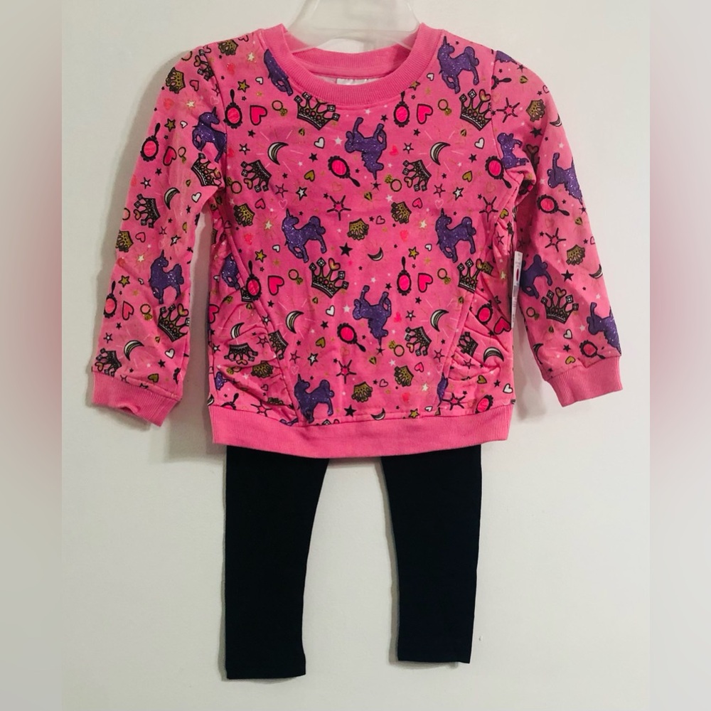 Girl’s 2pcs set pink sweatshirt unicorn heart/black legging.4
